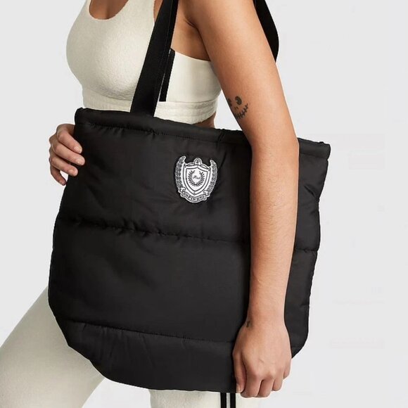 Victoria's Secret PINK Logo Quilted Puffer Tote Travel Gym Bag Black Large NEW - Picture 2 of 10